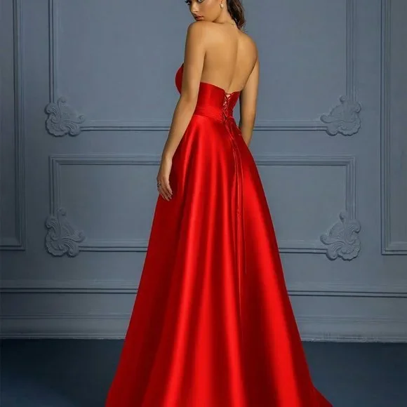 Red Preppy Womens Solid Color Strapless Formal Dress With Thigh-High Slit - Picture 2 of 5
